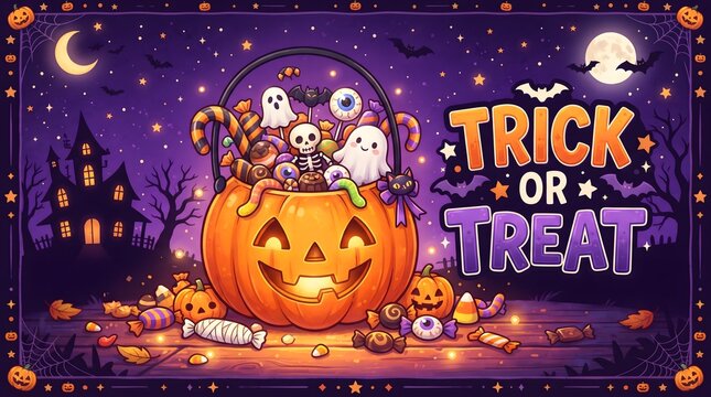 Halloween trick or treat poster with jack-o-lantern candy bucket
