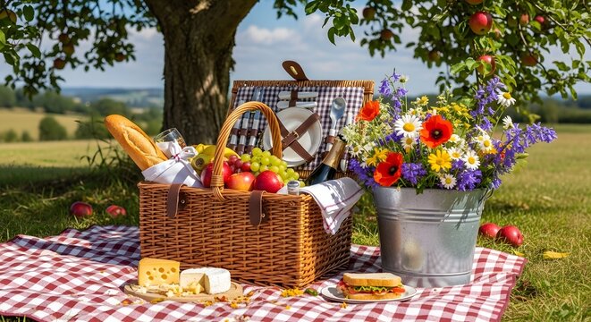 Wholesome picnic spread with fresh fruits and bread under a lush tree during a sunny day