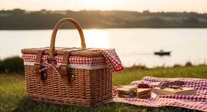 Wicker picnic basket with checkered cloth and sandwiches on grass by lake at sunset