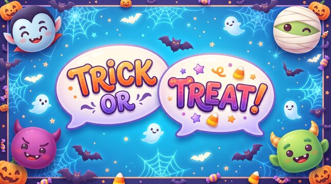 Trick or treat Halloween banner with cute monsters and speech bubbles
