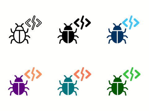 Computer bug coding icon set representing software development errors and debugging with software development computer