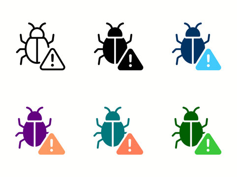 Computer bug warning icon set for software diagnostics and system error reporting with software security diagnostic