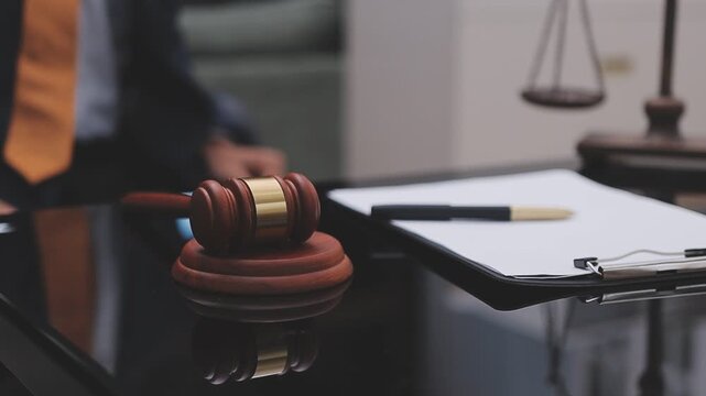 Building blueprint with judge gavel and helmet symbolizing construction law