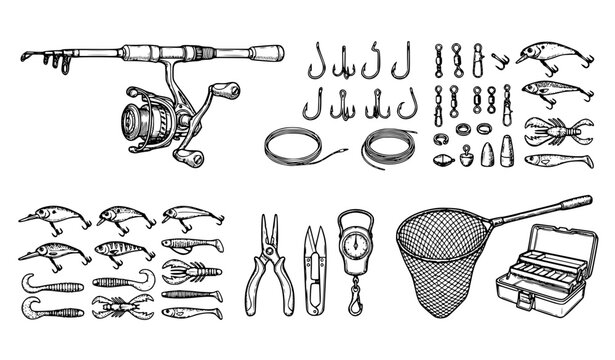 Fishing Equipment Vector Illustration Set with Modern Rod Reel Lures Hooks and Tackle Tools