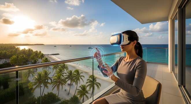 Woman using virtual reality headset on balcony overlooking tropical beach during sunset with digital interface