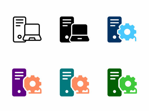 Computer server and workstation icon set with gear computer workstation technical maintenance settings hardware