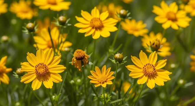 Yellow coreopsis flowers blooming in soft daylight with a shallow depth of field for a gentle backdrop