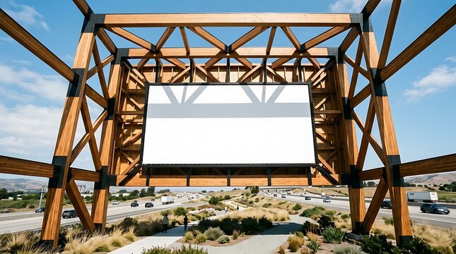 Large blank billboard with timber frame structure overlooking a highway