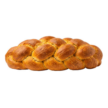 Braided loaf of golden brown challah bread on transparent background