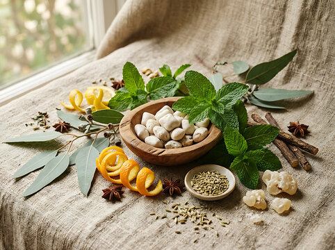Natural herbal remedies with peppermint leaves lemon peel and spices on linen.