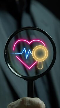Close-up vertical shot of hand holding magnifying glass inspecting glowing heart icon with heartbeat ECG pulse. Healthcare medical diagnosis examination, wellness checkup, and health audit concept.