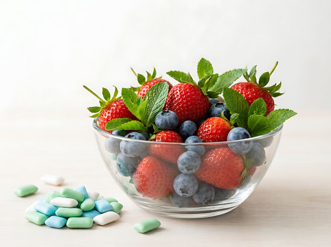 A glass bowl filled with fresh strawberries and blueberries with mint leaves and chewing gum pieces.