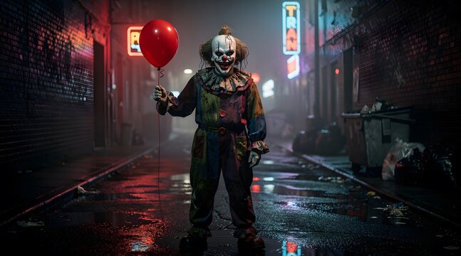 Creepy Clown in a Dark Alway with Red Balloon