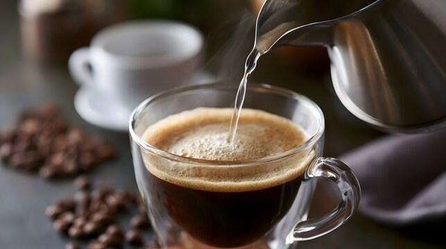 Hot water being poured into a glass cup of dark coffee with visible crema and steam rising  surrounded by coffee beans on a dark surface