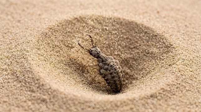 Antlion larva digging a sandy pit to catch prey