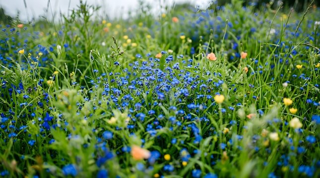 Lush garden scene with vibrant green foliage and delicate blue wildflowers in bloom