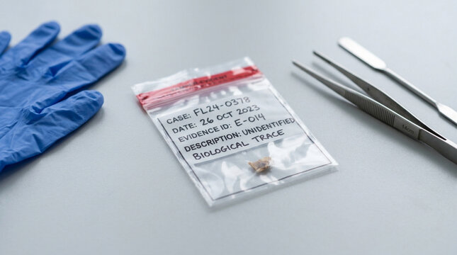 Forensic evidence bag with tweezers and glove, crime scene investigation