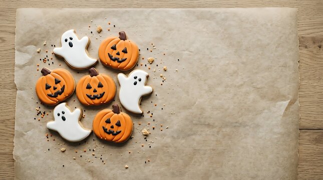 Halloween cookies shaped like spooky ghosts and carved pumpkins are arranged on baking paper over a wooden table, creating a festive holiday atmosphere.