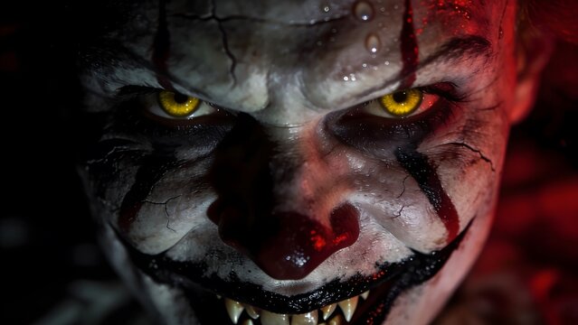 Close-up portrait of a terrifying evil clown face