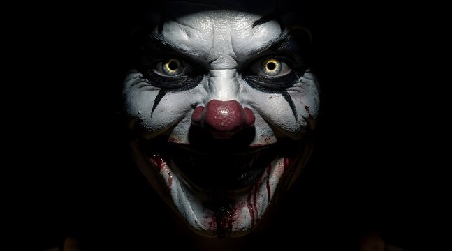 Creepy Scary Clown Face with Glowing Yellow Eyes