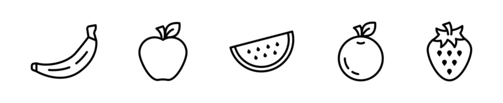 Set de 5 iconos de frutas. Pl&aacute;tano, manzana, rebanada de sand&iacute;a, naranja y fresa. Dise&ntilde;o vectorial lineal