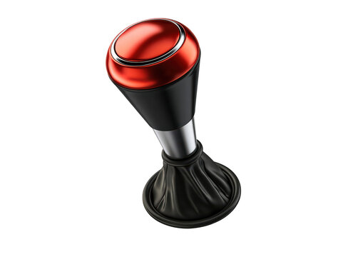 Red and black manual car gear shift knob isolated on a clean white background