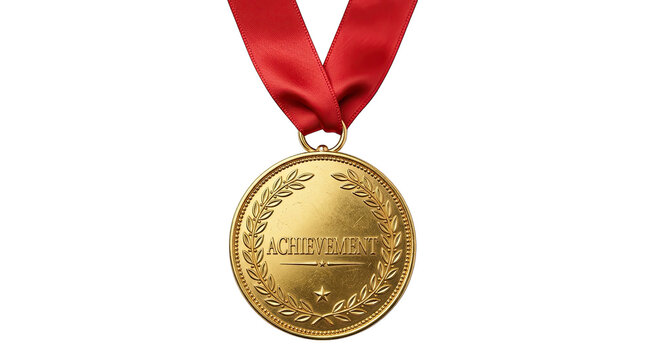 A highly detailed golden medal with a red ribbon symbolizing achievement and honor isolated on transparent background