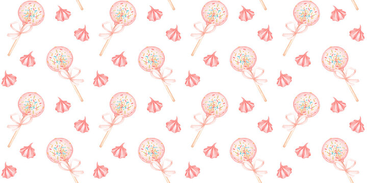 Pink meringue and lollipops, seamless pattern with hand-drawn watercolor elements, suitable for confectionery packaging, wrapping paper, textiles, cards and festive designs.