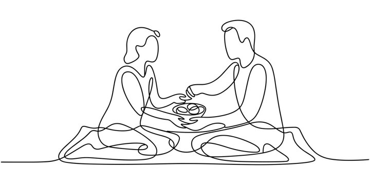 Continuous one line drawing of couple sitting on blanket sharing food picnic vector illustration