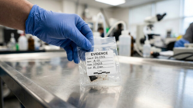 Forensic evidence in plastic bag held by gloved hand in lab