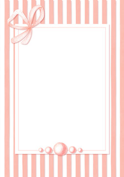 Rectangle frame with bows and pearl beads on pink striped background, watercolor isolated. Decorative border for wedding invitations, greeting cards, posters and packaging.
