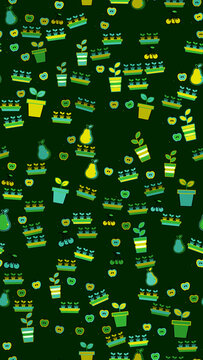 Pattern of potted plants, seedlings, and fruits