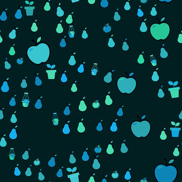 Seamless pattern with apples, pears, and potted plants