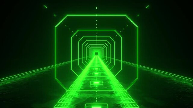 Futuristic green neon tunnel with octagonal patterns and grid floor abstract digital background for technology and innovation concepts