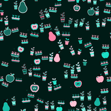 Stylized apples, pears, and potted plants seamless pattern