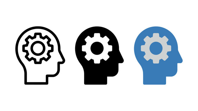 Three stylized human head profiles featuring a central gear cog icon for cognitive processing