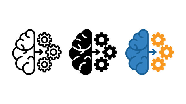 Graphic icons representing brain and gear system for logical thinking and analytical process