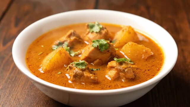 Close-up of a white bowl of chicken curry soup with fragrant curry chicken and potatoes