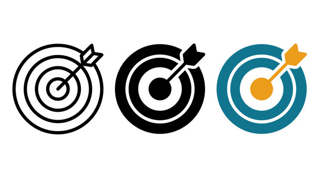 Strategic target and dart icon set for business objectives and goal achievement with bullseye