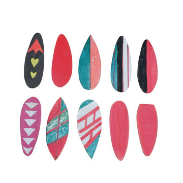 Ten surfboard shaped paper cutouts featuring various hand-drawn patterns, hearts, and geometric arranged on a white background surface isolated on a transparent background
