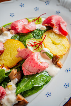 Colorful salad with fresh ingredients and sliced roast beef on a beautiful plate
