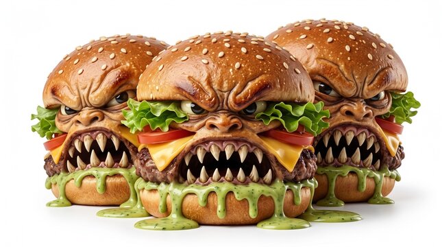 Angry mutant cheeseburgers featuring scary faces and dripping green sauce