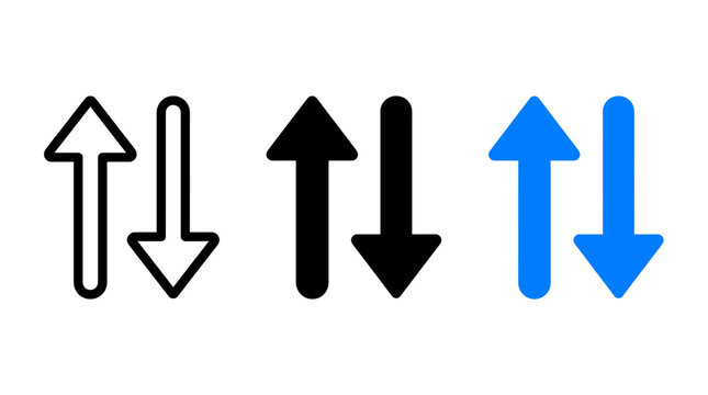 Three variations of up and down arrow icons in outline black and blue solid styles