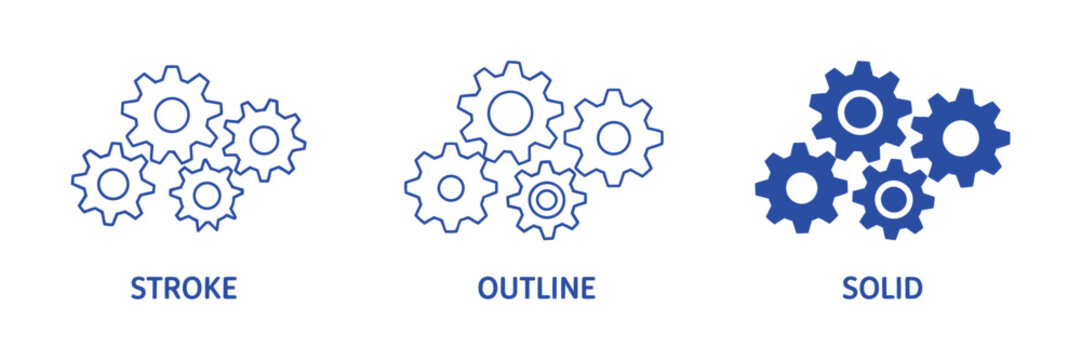 Gear icon in editable stroke, outline and solid styles symbolizing settings, mechanical systems, engineering, technology, maintenance, control, and customization