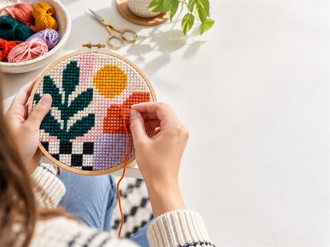 Young maker works colorful needlepoint stitches on a modern canvas hoop using bright yarn and geometric motifs in a close view of patient handcraft creativity and textile hobby practice