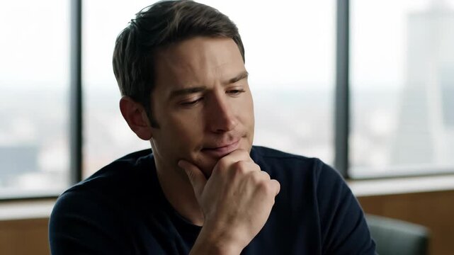A man's contemplative figure holding his chin indoors, a business man contemplating by the window