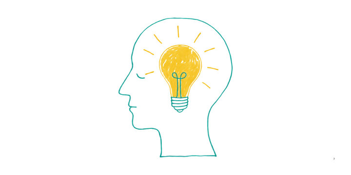 Minimalist hand drawn head profile with glowing lightbulb, creative idea concept illustration, simple line art of human mind and inspiration