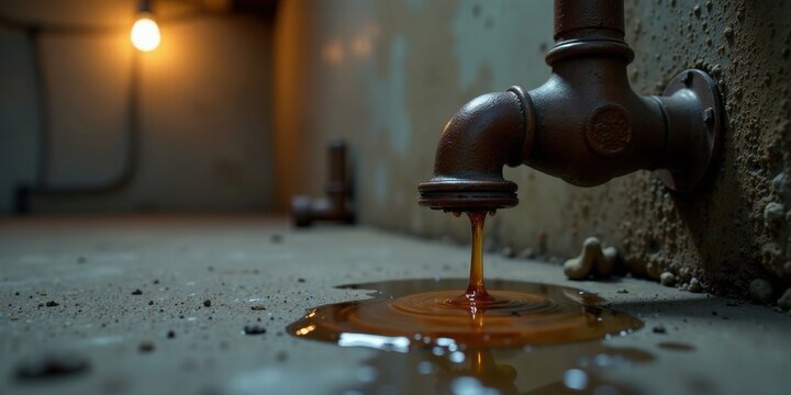 Rusty pipe leaking amber liquid onto a concrete floor in a dimly lit cellar