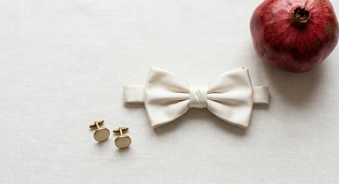 Elegant white silk bow tie with gold cufflinks and red fruit on fabric