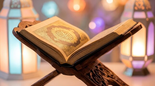 Open Quran on wooden rehal with glowing lanterns background.